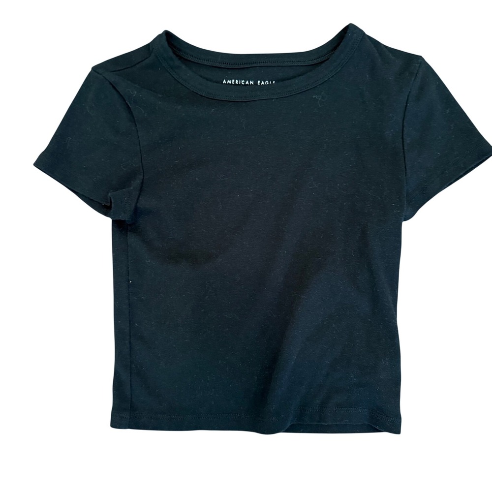 American Eagle Women Black Short Sleeve Baby Tee Cropped Slim Fit Small